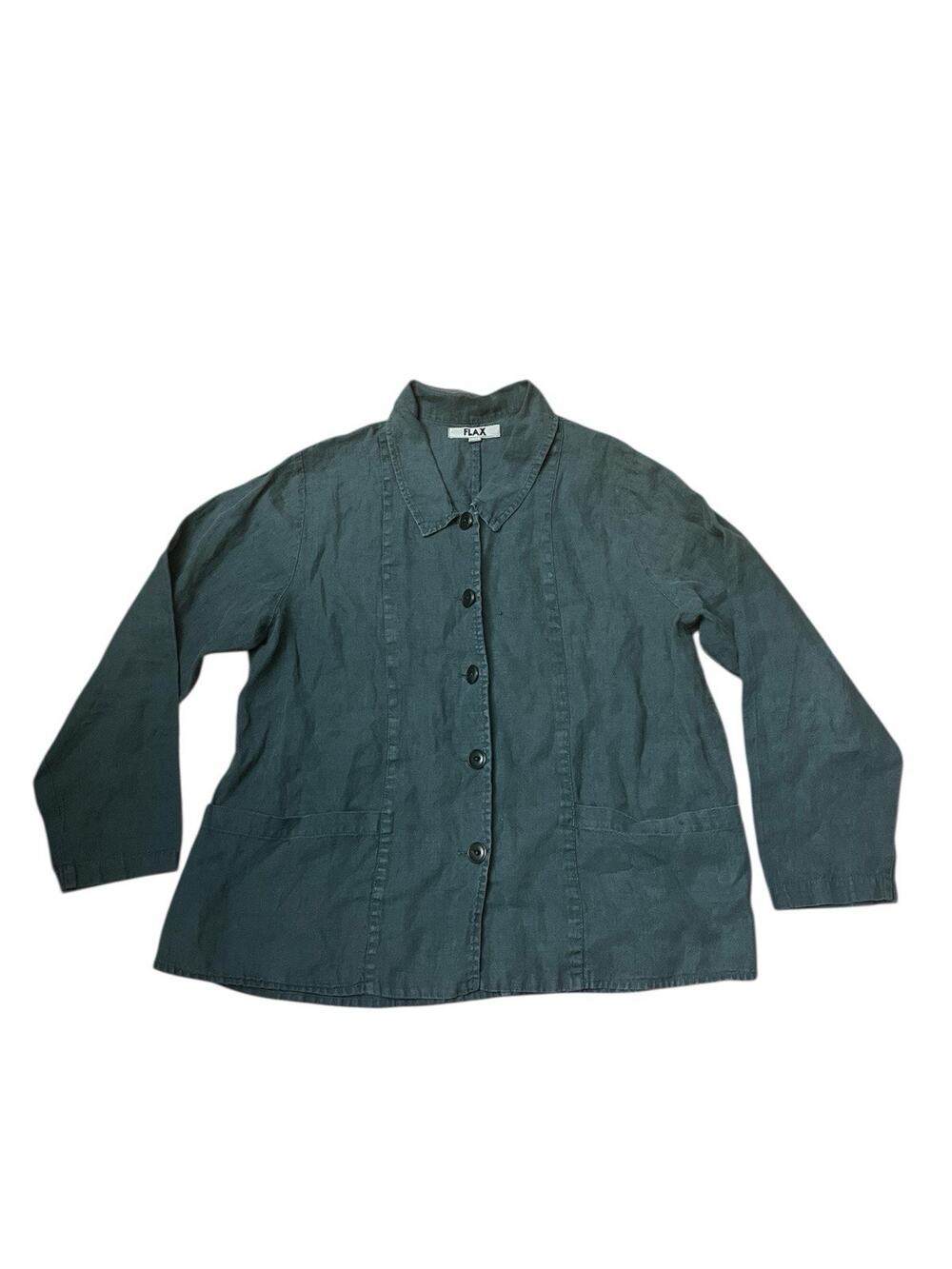 FLAX 100% Linen Green Button Front Jacket Shirt Women’s Lagenlook